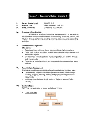 29
Rhythm
Sound Silence
Music 1 – Teacher’s Guide: Module 6
I. Target Grade Level: GRADE ONE
II. Module Title: LEARNING MODULE SIX
III. Time Allotment: 2 meetings x 30 minutes
IV. Overview of the Module:
The module is an introduction to the element of RHYTM and aims to
have children demonstrate their basic understanding of Sound, Silence, and
Rhythm through performing, creating, listening, observing, and responding
activities.
V. Competencies/Objectives
The learner
 Associates icons with sound and silence within a rhythmic pattern.
 Claps, taps, chants, and plays musical instruments in response to sound
with correct rhythm
 Create simple ostinato patterns in groupings of 2’s, 3’s and 4’s through
body movements.
 Plays simple ostinato patterns on classroom instruments or other sound
sources.
VI. Prior Skills & Assessment
The learner must have acquired the following skills in the previous level:
 Demonstrates simple understanding of simple steady beats through
chanting, clapping, tapping, walking and playing simple percussion
instruments.
 Imitates and replicates a simple series of rhythmic sounds (“echo
clapping”).
VII. Content/Topic:
RHYTHM – organization of sound and silence in time.
a. CONCEPT MAP
 