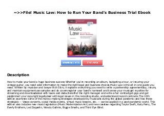 ~>>File! Music Law: How to Run Your Band's Business Trial Ebook
How to make your band a huge business success Whether you're recording an album, budgeting a tour, or insuring your vintage guitar, you need solid information to make the right legal and business choices.Music Law is the all-in-one guide you need. Written by musician and lawyer Rich Stim, it explains everything you need to:write a partnership agreementbuy, insure, and maintain equipmentuse samples and do coversregister your band's namesell and license your musicget royalties for streaming and downloadsdeal with taxes and deductionsfind the right manager and write a fair contractget gigs and get paidprotect your copyright legallydeal with legal issues in the recording studio, andunderstand record contracts.The 10th edition examines some of the money-making strategies developed by musicians during the global pandemic and how these strategies -- Veeps concerts, social media events, virtual music lessons, etc. -- can be applied in a post-pandemic world. This edition also includes new music legislation (Music Modernization Act) and new caselaw regarding Taylor Swift, Katy Perry, The Everly Brothers, Led Zeppelin, Woody Guthrie, Biggie Smalls, and Third Eye Blind.
Description
How to make your band a huge business success Whether you're recording an album, budgeting a tour, or insuring your
vintage guitar, you need solid information to make the right legal and business choices.Music Law is the all-in-one guide you
need. Written by musician and lawyer Rich Stim, it explains everything you need to:write a partnership agreementbuy, insure,
and maintain equipmentuse samples and do coversregister your band's namesell and license your musicget royalties for
streaming and downloadsdeal with taxes and deductionsfind the right manager and write a fair contractget gigs and get
paidprotect your copyright legallydeal with legal issues in the recording studio, andunderstand record contracts.The 10th
edition examines some of the money-making strategies developed by musicians during the global pandemic and how these
strategies -- Veeps concerts, social media events, virtual music lessons, etc. -- can be applied in a post-pandemic world. This
edition also includes new music legislation (Music Modernization Act) and new caselaw regarding Taylor Swift, Katy Perry, The
Everly Brothers, Led Zeppelin, Woody Guthrie, Biggie Smalls, and Third Eye Blind.
 