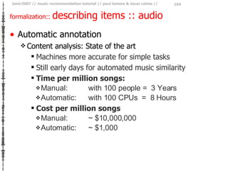formalization ::  describing items :: audio <ul><li>Automatic annotation </li></ul><ul><ul><li>Content analysis: State of ...