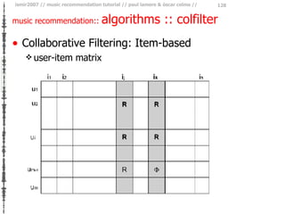 music recommendation::  algorithms :: colfilter <ul><li>Collaborative Filtering: Item-based </li></ul><ul><ul><li>user-ite...