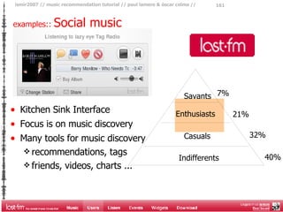 examples::  Social music  <ul><li>Kitchen Sink Interface </li></ul><ul><li>Focus is on music discovery </li></ul><ul><li>M...