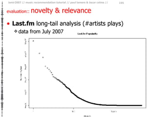 evaluation::  novelty & relevance <ul><li>Last.fm  long-tail analysis (#artists plays) </li></ul><ul><ul><li>data from Jul...