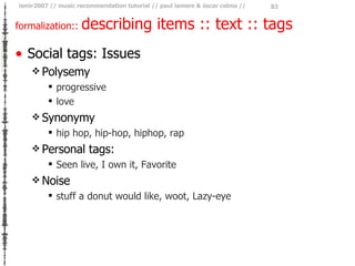 formalization ::  describing items :: text :: tags <ul><li>Social tags: Issues </li></ul><ul><ul><li>Polysemy </li></ul></...