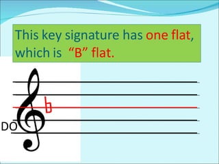 This key signature has  one   flat , which is  “B” flat.  DO b 