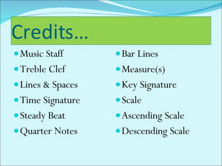 Credits… Music Staff Treble Clef  Lines & Spaces Time Signature Steady Beat Quarter Notes Bar Lines Measure(s) Key Signature Scale Ascending Scale Descending Scale 