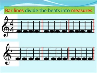 4 4 Bar lines  divide the beats into  measures . 4   4 