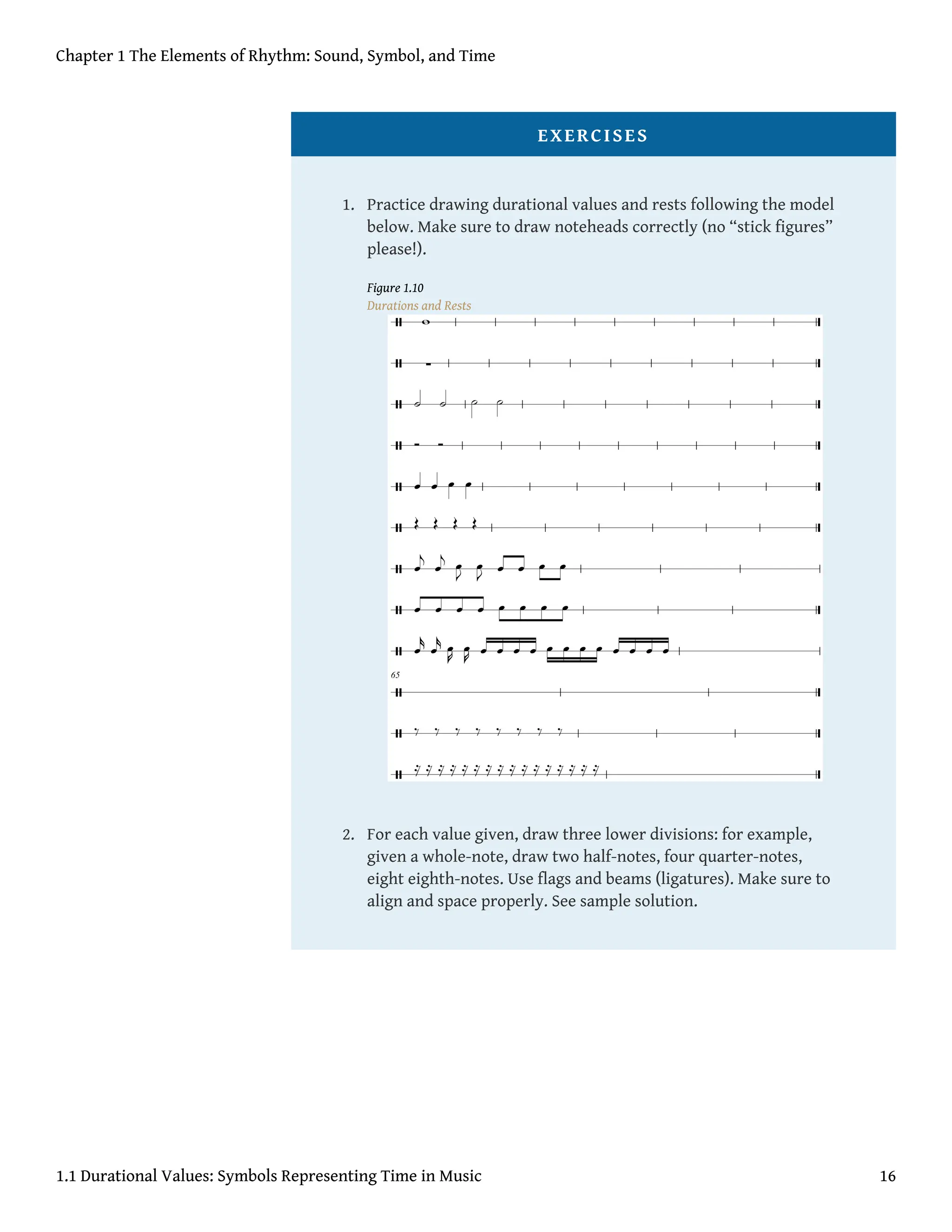 EXERCISES
1. Practice drawing durational values and rests following the model
below. Make sure to draw noteheads correctly (no “stick figures”
please!).
Figure 1.10
Durations and Rests
2. For each value given, draw three lower divisions: for example,
given a whole-note, draw two half-notes, four quarter-notes,
eight eighth-notes. Use flags and beams (ligatures). Make sure to
align and space properly. See sample solution.
Chapter 1 The Elements of Rhythm: Sound, Symbol, and Time
1.1 Durational Values: Symbols Representing Time in Music 16
 