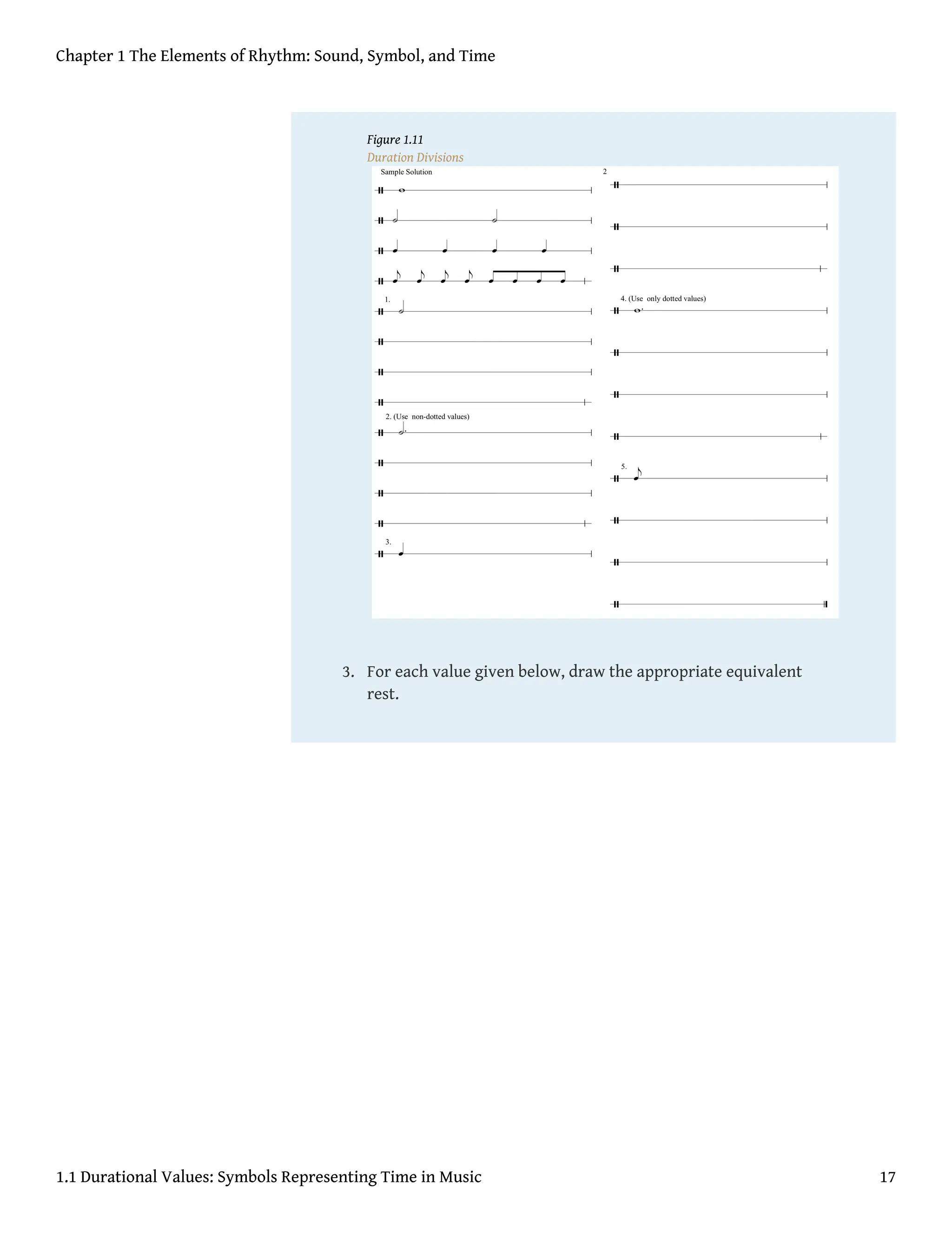 Figure 1.11
Duration Divisions
3. For each value given below, draw the appropriate equivalent
rest.
Chapter 1 The Elements of Rhythm: Sound, Symbol, and Time
1.1 Durational Values: Symbols Representing Time in Music 17
 