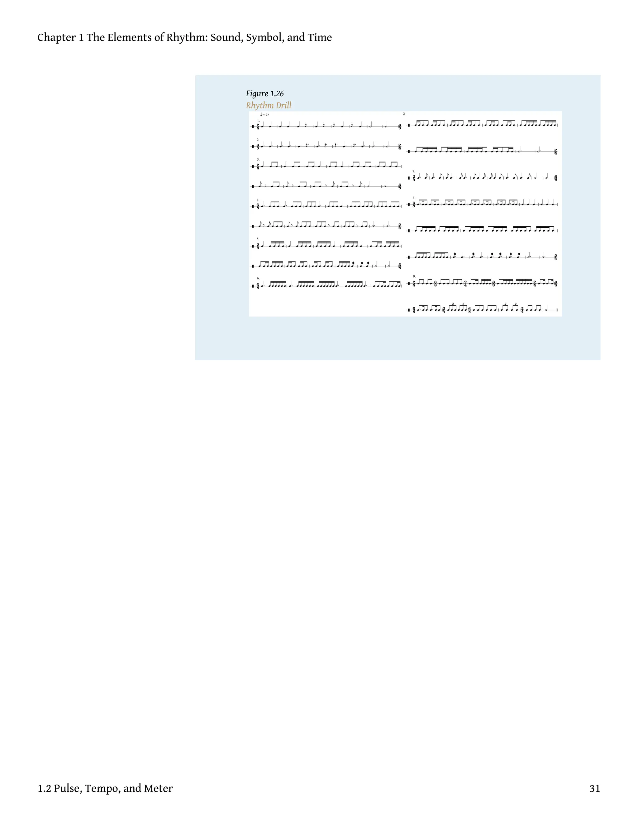 Figure 1.26
Rhythm Drill
Chapter 1 The Elements of Rhythm: Sound, Symbol, and Time
1.2 Pulse, Tempo, and Meter 31
 