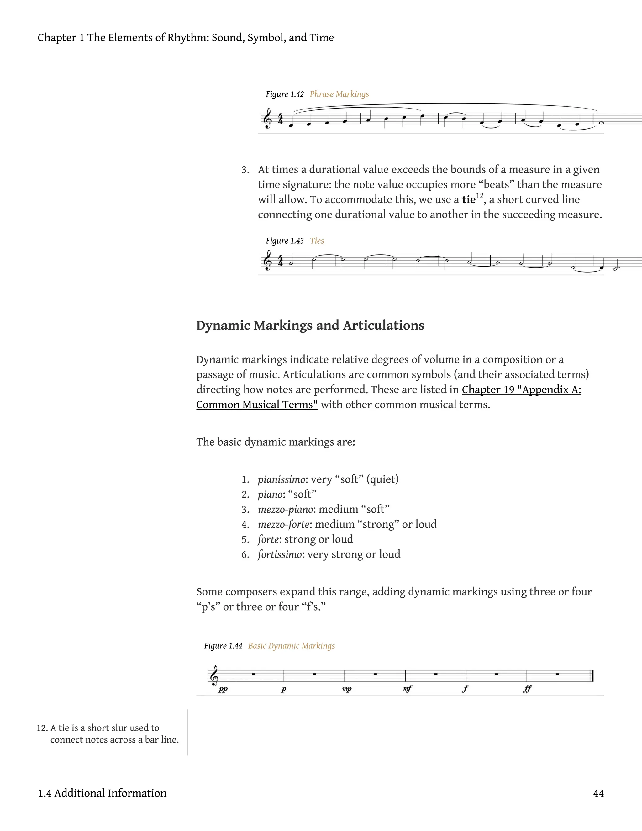 Figure 1.42 Phrase Markings
3. At times a durational value exceeds the bounds of a measure in a given
time signature: the note value occupies more “beats” than the measure
will allow. To accommodate this, we use a tie12
, a short curved line
connecting one durational value to another in the succeeding measure.
Figure 1.43 Ties
Dynamic Markings and Articulations
Dynamic markings indicate relative degrees of volume in a composition or a
passage of music. Articulations are common symbols (and their associated terms)
directing how notes are performed. These are listed in Chapter 19 "Appendix A:
Common Musical Terms" with other common musical terms.
The basic dynamic markings are:
1. pianissimo: very “soft” (quiet)
2. piano: “soft”
3. mezzo-piano: medium “soft”
4. mezzo-forte: medium “strong” or loud
5. forte: strong or loud
6. fortissimo: very strong or loud
Some composers expand this range, adding dynamic markings using three or four
“p’s” or three or four “f’s.”
Figure 1.44 Basic Dynamic Markings
12. A tie is a short slur used to
connect notes across a bar line.
Chapter 1 The Elements of Rhythm: Sound, Symbol, and Time
1.4 Additional Information 44
 