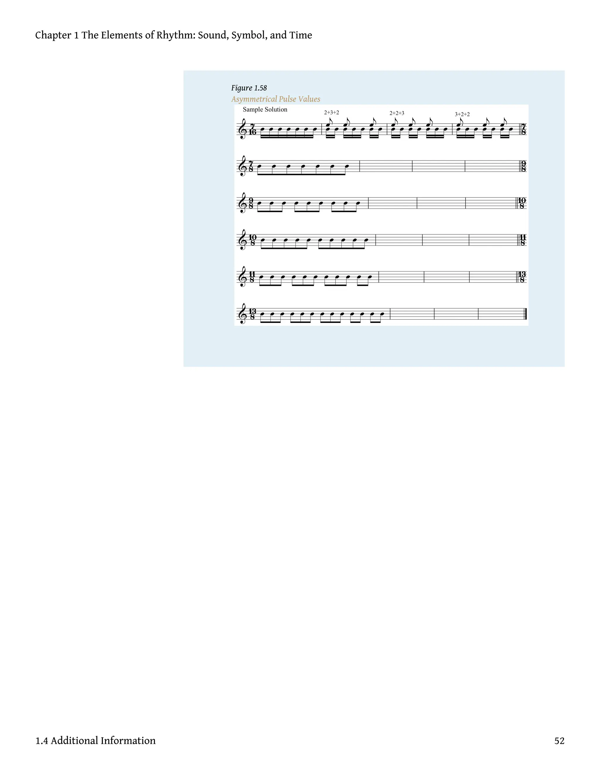 Figure 1.58
Asymmetrical Pulse Values
Chapter 1 The Elements of Rhythm: Sound, Symbol, and Time
1.4 Additional Information 52
 