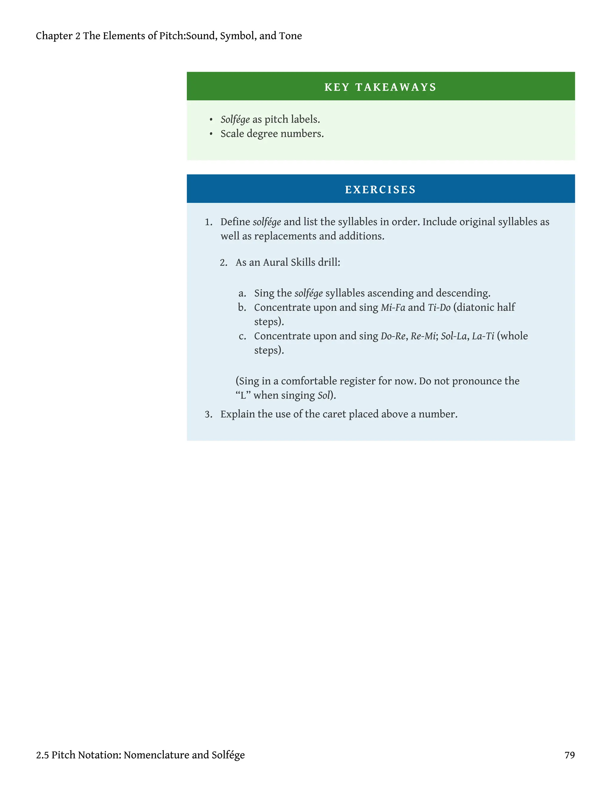 KEY TAKEAWAYS
• Solfége as pitch labels.
• Scale degree numbers.
EXERCISES
1. Define solfége and list the syllables in order. Include original syllables as
well as replacements and additions.
2. As an Aural Skills drill:
a. Sing the solfége syllables ascending and descending.
b. Concentrate upon and sing Mi-Fa and Ti-Do (diatonic half
steps).
c. Concentrate upon and sing Do-Re, Re-Mi; Sol-La, La-Ti (whole
steps).
(Sing in a comfortable register for now. Do not pronounce the
“L” when singing Sol).
3. Explain the use of the caret placed above a number.
Chapter 2 The Elements of Pitch:Sound, Symbol, and Tone
2.5 Pitch Notation: Nomenclature and Solfége 79
 