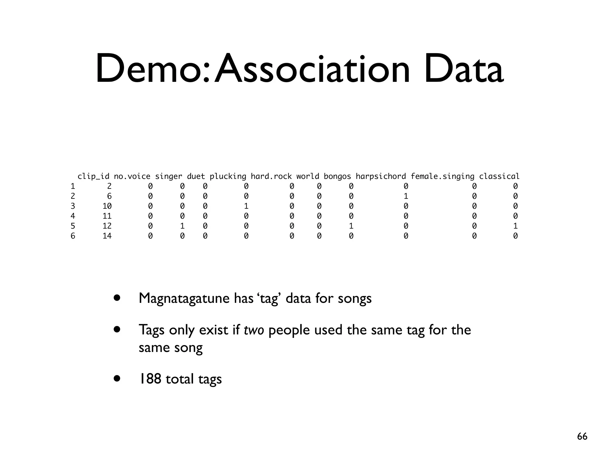 Demo:Association Data
• Magnatagatune has ‘tag’ data for songs
• Tags only exist if two people used the same tag for the
same song
• 188 total tags
clip_id no.voice singer duet plucking hard.rock world bongos harpsichord female.singing classical
1 2 0 0 0 0 0 0 0 0 0 0
2 6 0 0 0 0 0 0 0 1 0 0
3 10 0 0 0 1 0 0 0 0 0 0
4 11 0 0 0 0 0 0 0 0 0 0
5 12 0 1 0 0 0 0 1 0 0 1
6 14 0 0 0 0 0 0 0 0 0 0
66
 