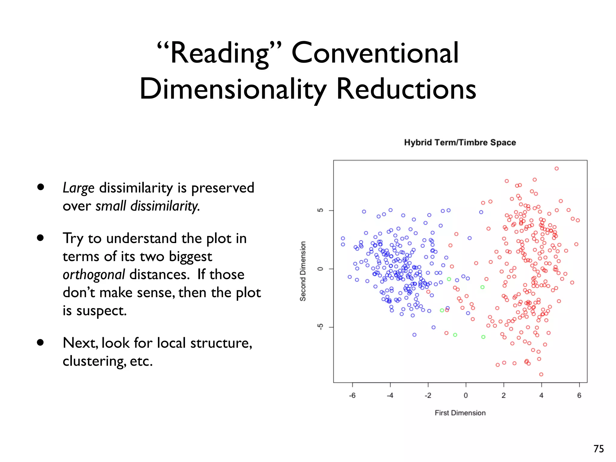 “Reading” Conventional
Dimensionality Reductions
• Large dissimilarity is preserved
over small dissimilarity.
• Try to understand the plot in
terms of its two biggest
orthogonal distances. If those
don’t make sense, then the plot
is suspect.
• Next, look for local structure,
clustering, etc.
75
 