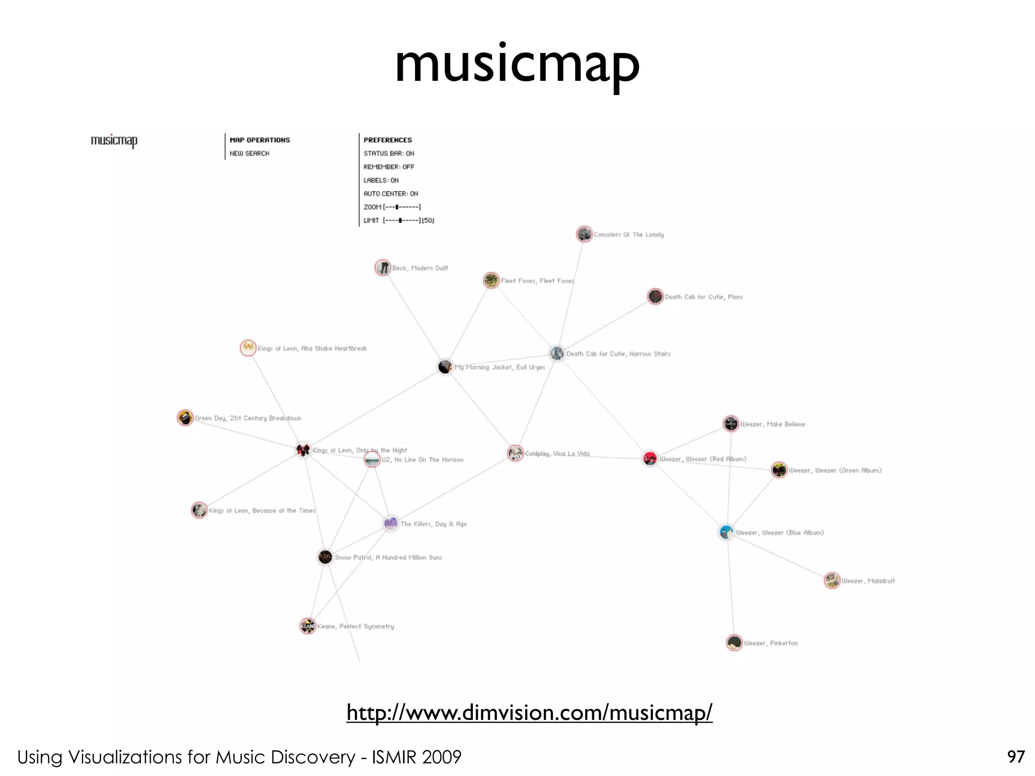 Using Visualizations for Music Discovery - ISMIR 2009
http://www.dimvision.com/musicmap/
musicmap
97
 