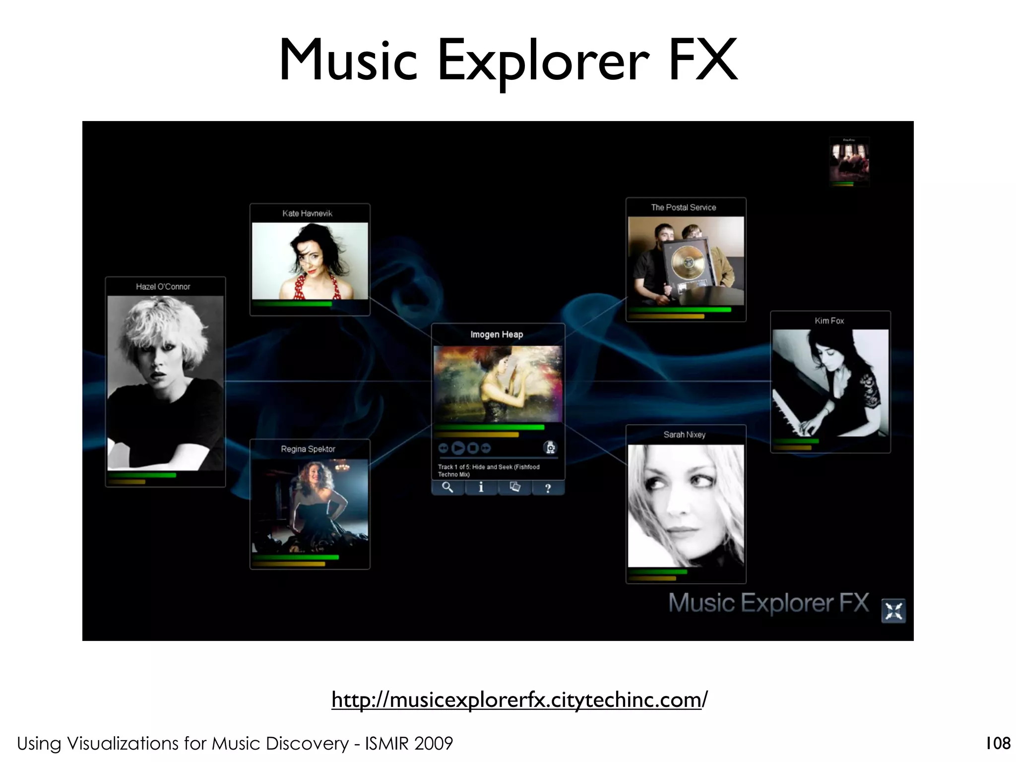 Using Visualizations for Music Discovery - ISMIR 2009
http://musicexplorerfx.citytechinc.com/
Music Explorer FX
108
 