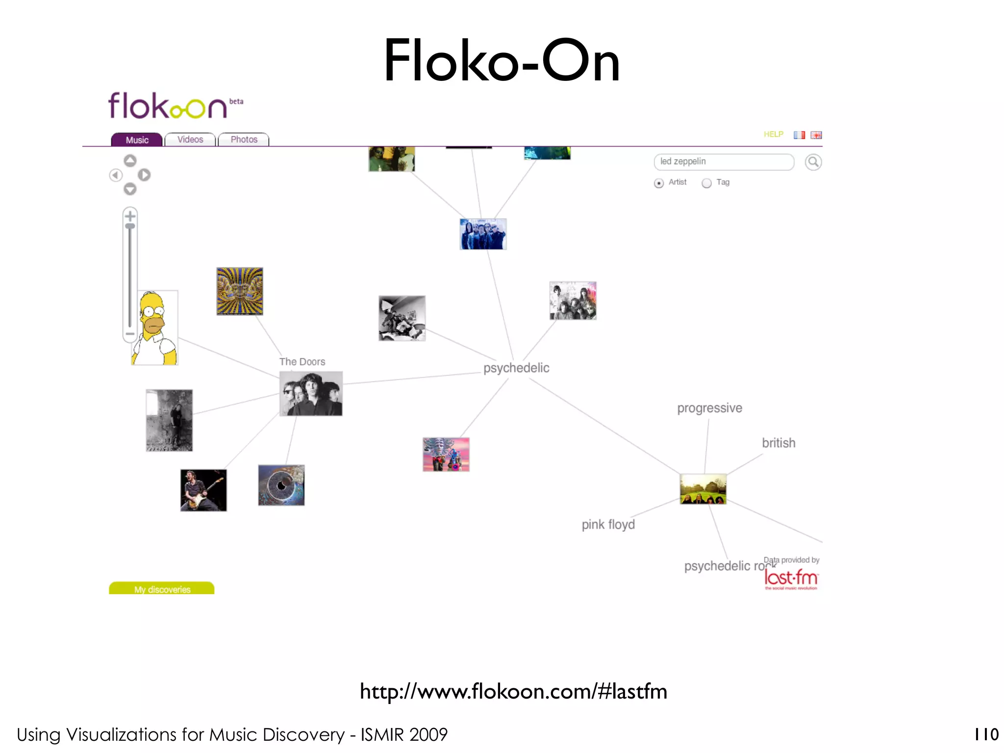 Using Visualizations for Music Discovery - ISMIR 2009
http://www.flokoon.com/#lastfm
Floko-On
110
 