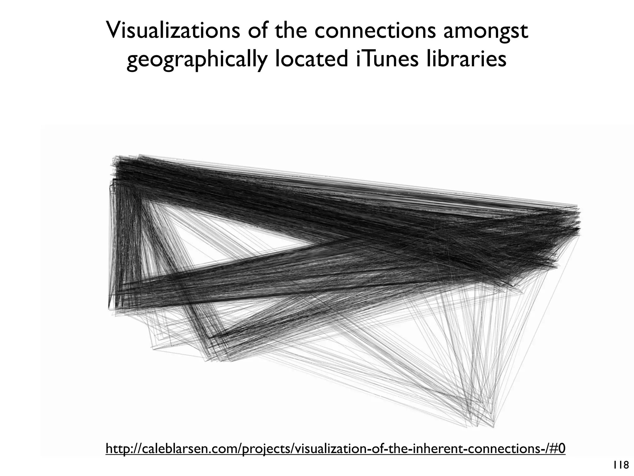 Visualizations of the connections amongst
geographically located iTunes libraries
118
http://caleblarsen.com/projects/visualization-of-the-inherent-connections-/#0
 