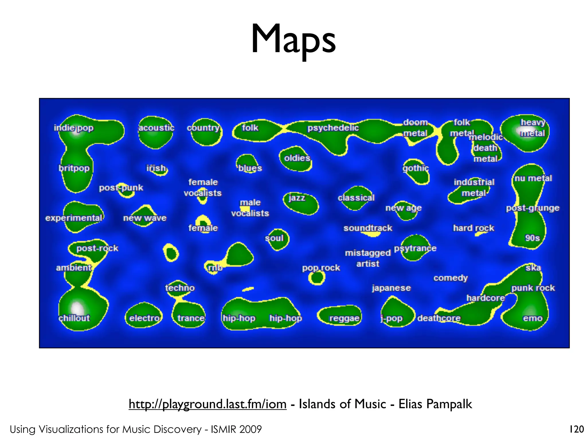 Using Visualizations for Music Discovery - ISMIR 2009
http://playground.last.fm/iom - Islands of Music - Elias Pampalk
Maps
120
 