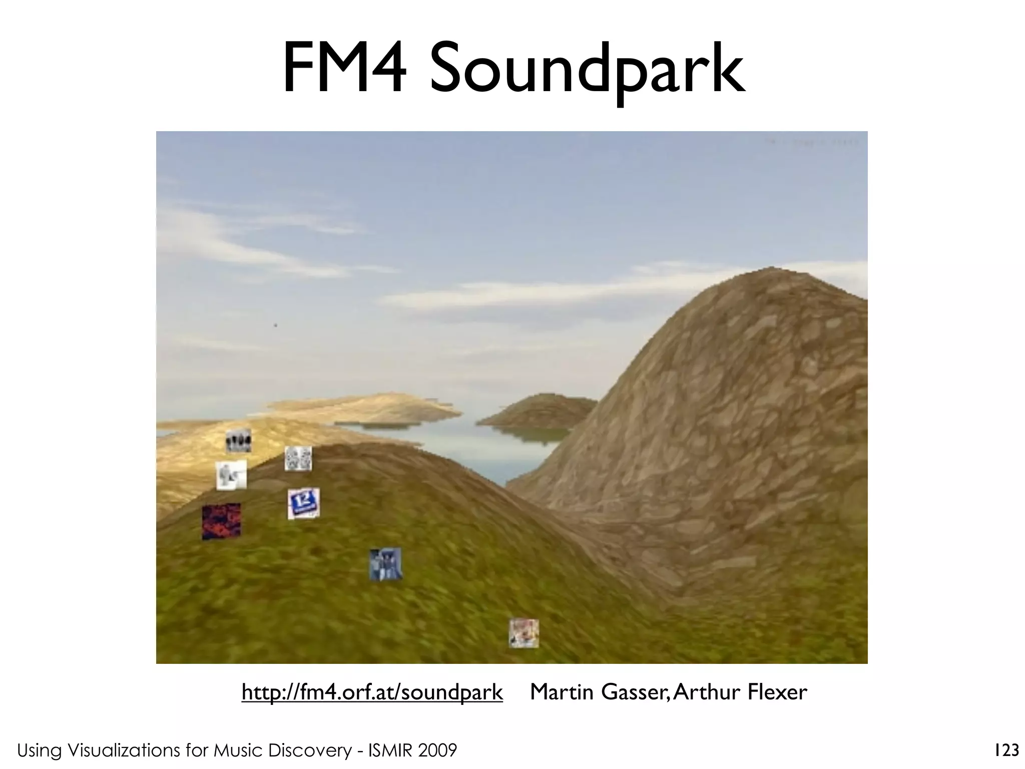 Using Visualizations for Music Discovery - ISMIR 2009
http://fm4.orf.at/soundpark Martin Gasser,Arthur Flexer
FM4 Soundpark
123
 