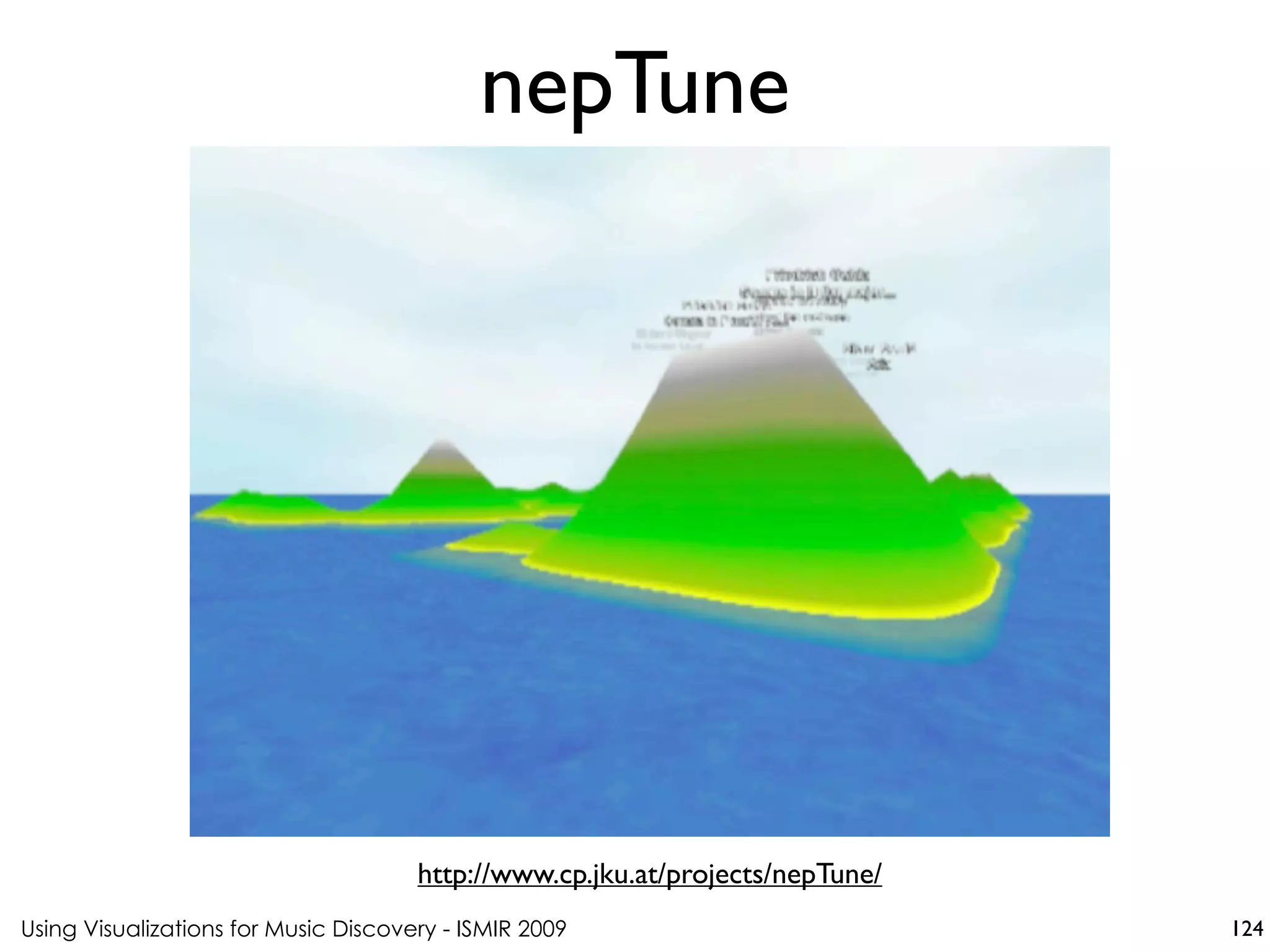 Using Visualizations for Music Discovery - ISMIR 2009
http://www.cp.jku.at/projects/nepTune/
nepTune
124
 