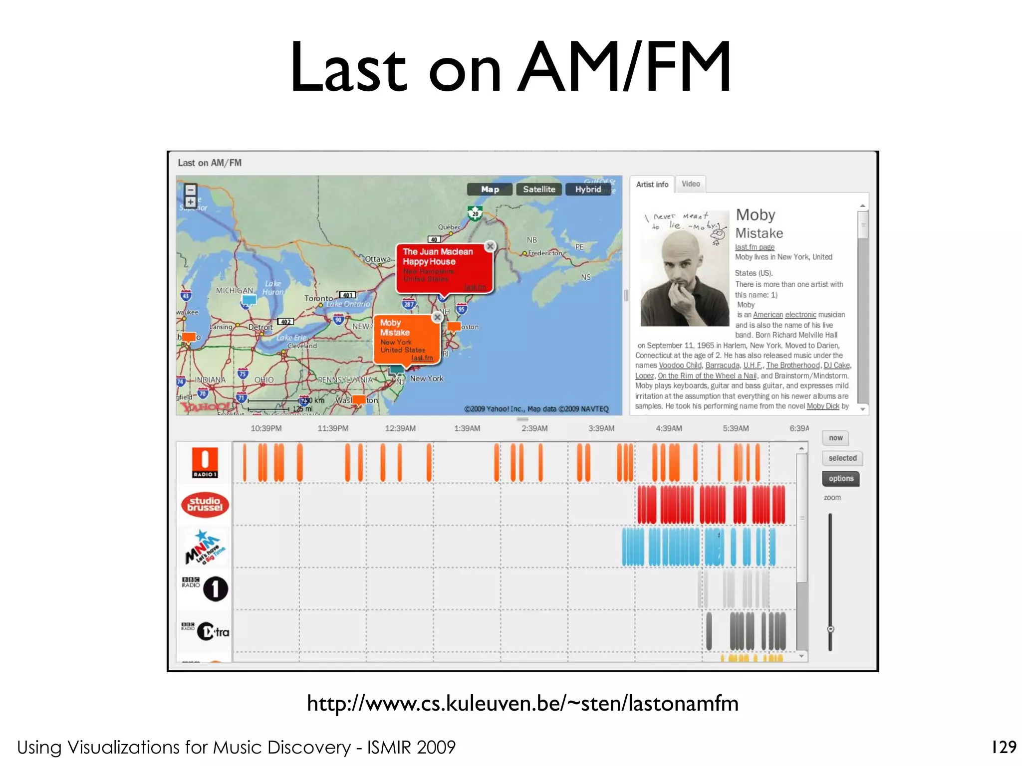 Using Visualizations for Music Discovery - ISMIR 2009
http://www.cs.kuleuven.be/~sten/lastonamfm
Last on AM/FM
129
 