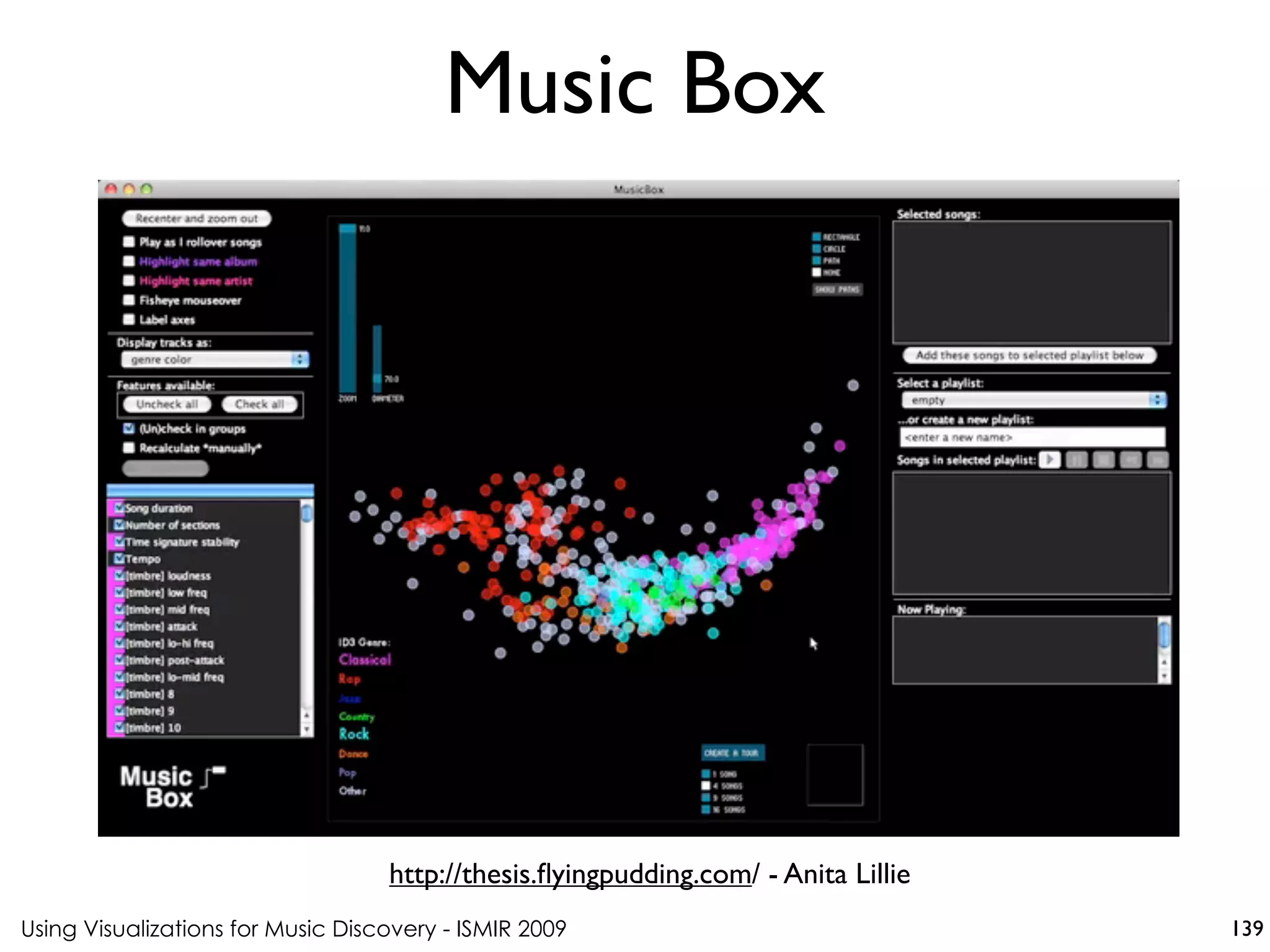 Using Visualizations for Music Discovery - ISMIR 2009
http://thesis.flyingpudding.com/ - Anita Lillie
Music Box
139
 