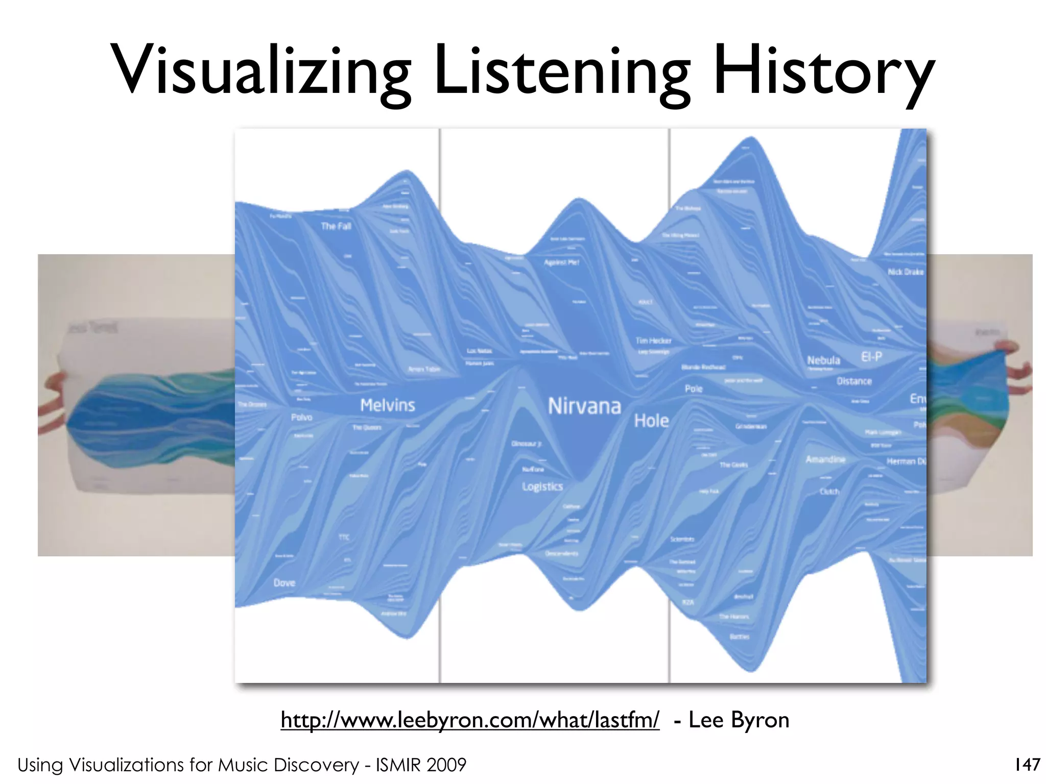Using Visualizations for Music Discovery - ISMIR 2009 147
http://www.leebyron.com/what/lastfm/ - Lee Byron
Visualizing Listening History
 