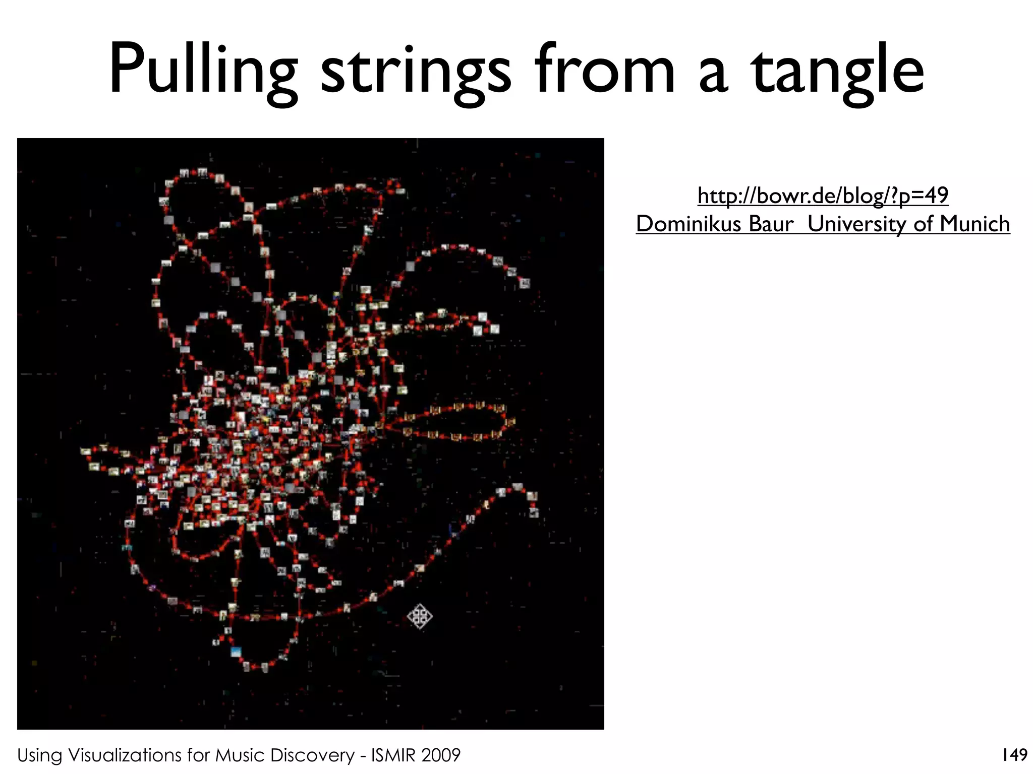 Using Visualizations for Music Discovery - ISMIR 2009
http://bowr.de/blog/?p=49
Dominikus Baur University of Munich
Pulling strings from a tangle
149
 
