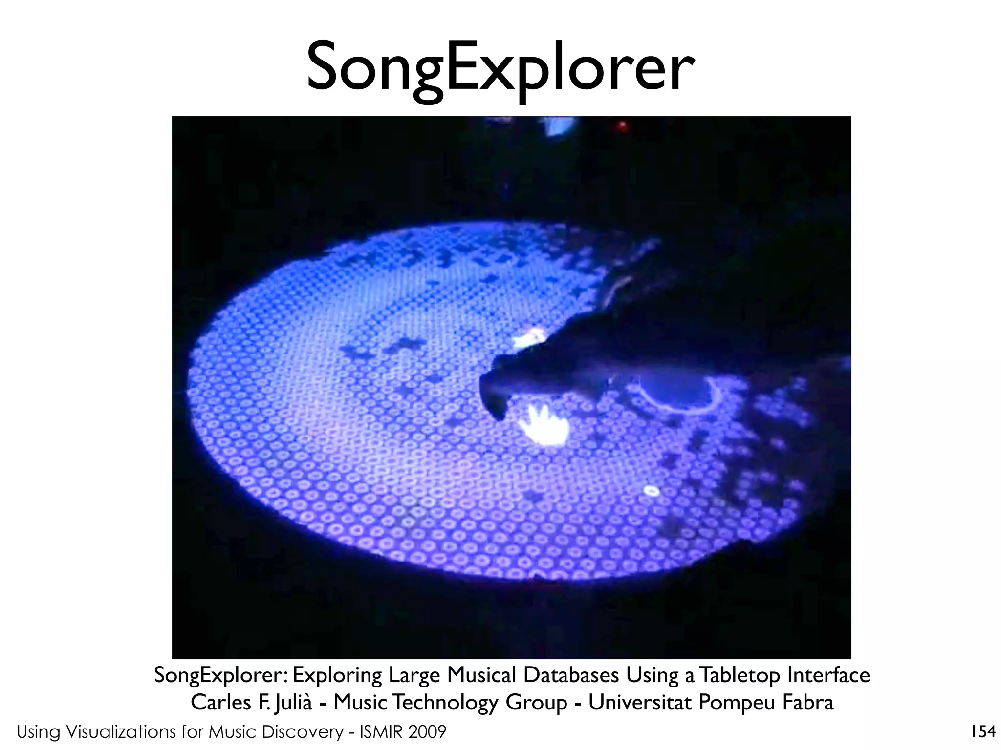 Using Visualizations for Music Discovery - ISMIR 2009
SongExplorer: Exploring Large Musical Databases Using a Tabletop Interface
Carles F. Julià - Music Technology Group - Universitat Pompeu Fabra
SongExplorer
154
 