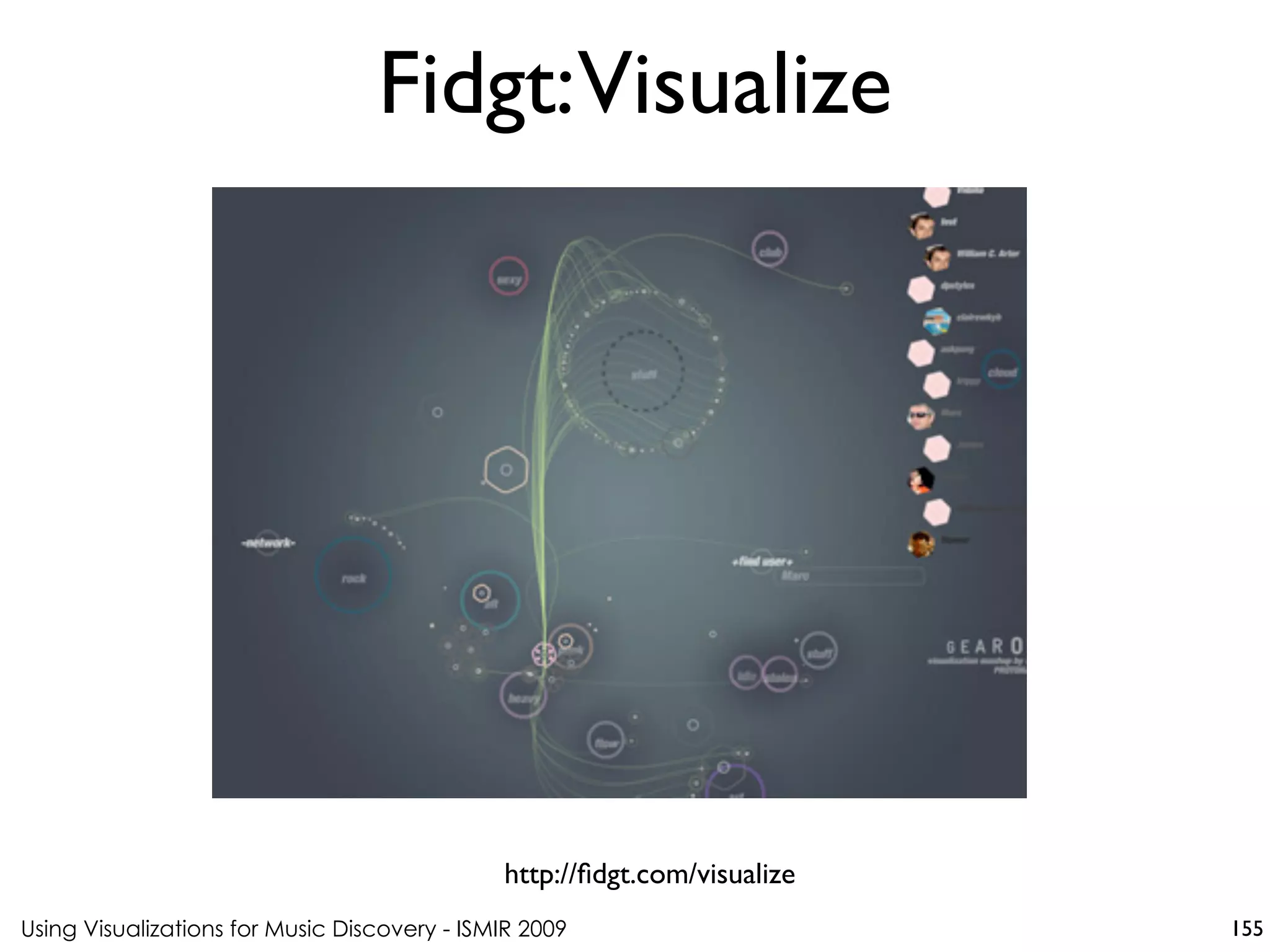 Using Visualizations for Music Discovery - ISMIR 2009
http://fidgt.com/visualize
Fidgt:Visualize
155
 