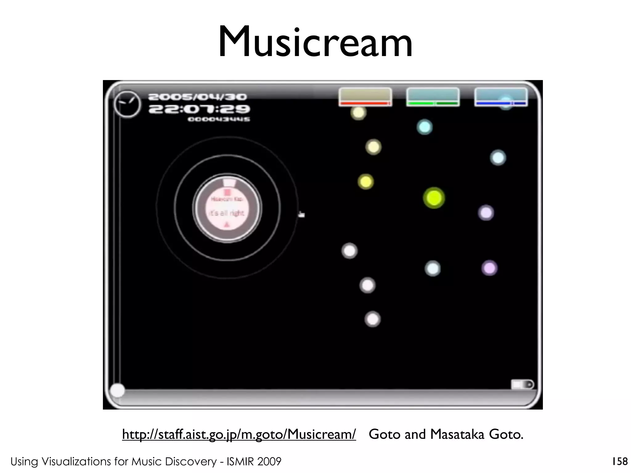 Using Visualizations for Music Discovery - ISMIR 2009
http://staff.aist.go.jp/m.goto/Musicream/ Goto and Masataka Goto.
Musicream
158
 
