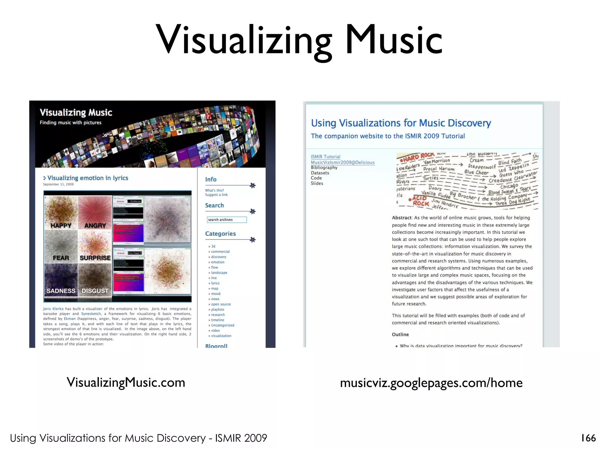 Using Visualizations for Music Discovery - ISMIR 2009
VisualizingMusic.com
Visualizing Music
166
musicviz.googlepages.com/home
 