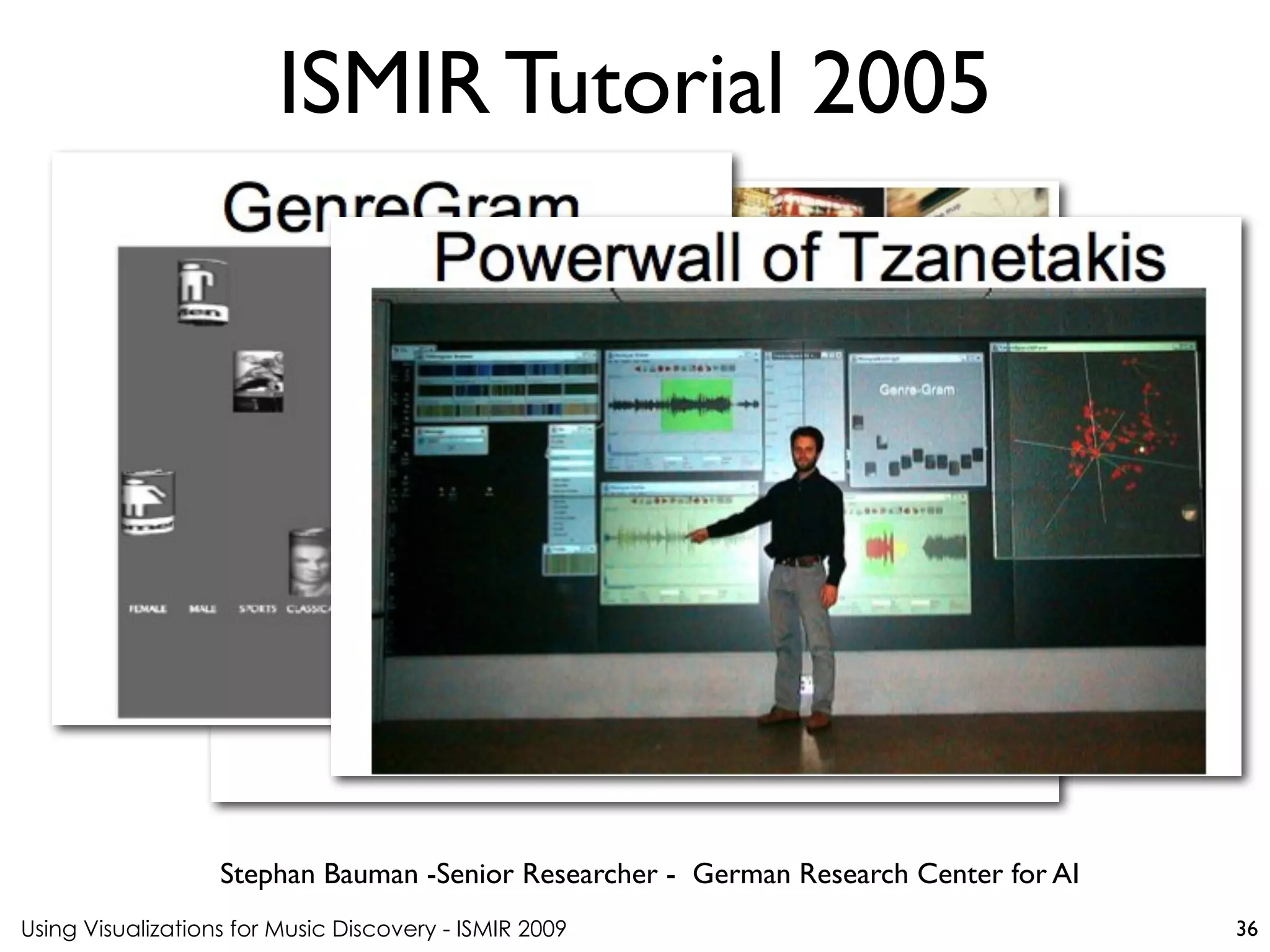 Using Visualizations for Music Discovery - ISMIR 2009
Stephan Bauman -Senior Researcher - German Research Center for AI
ISMIR Tutorial 2005
36
 