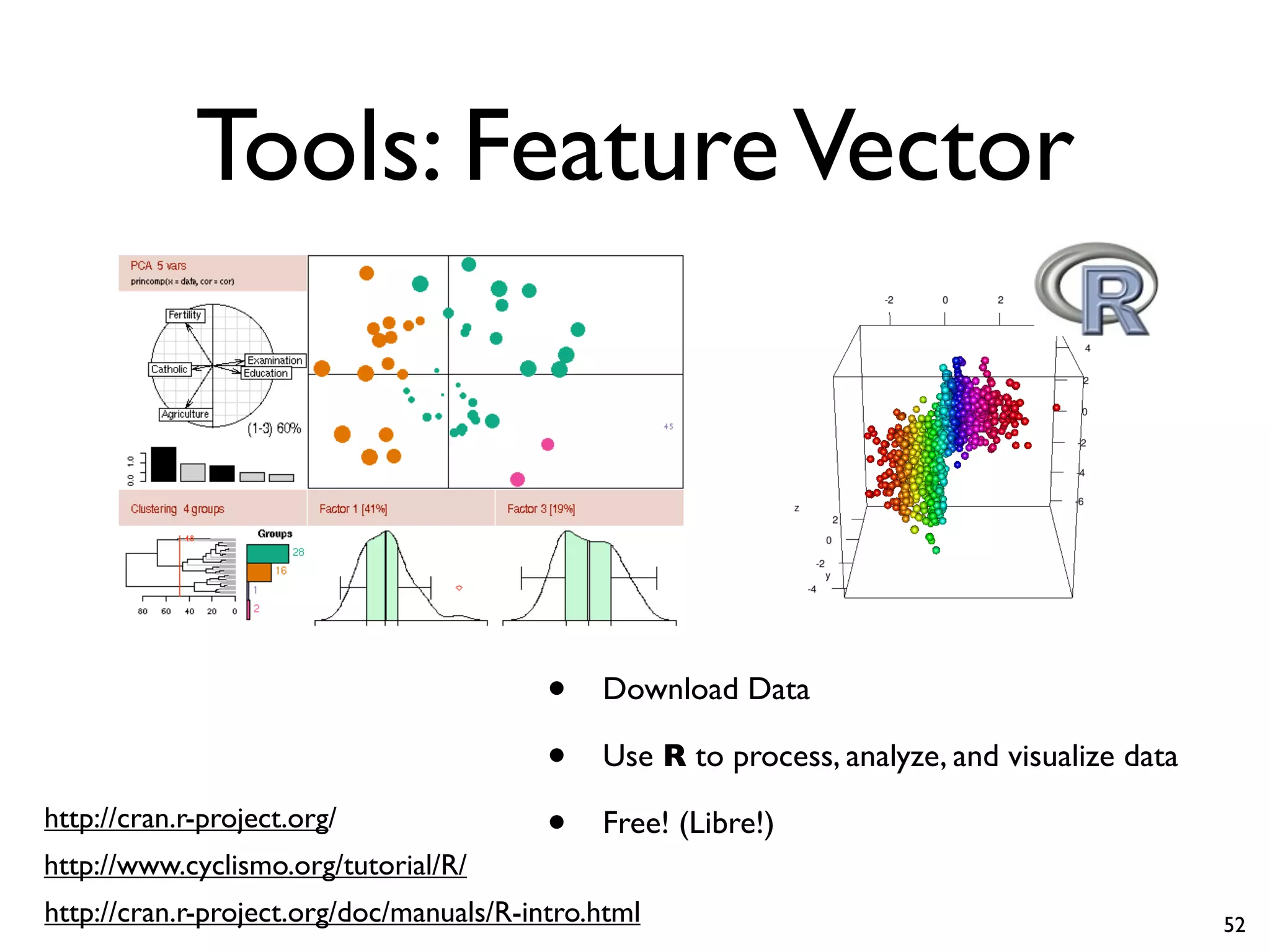 Tools: FeatureVector
• Download Data
• Use R to process, analyze, and visualize data
• Free! (Libre!)
http://cran.r-project.org/
http://www.cyclismo.org/tutorial/R/
http://cran.r-project.org/doc/manuals/R-intro.html 52
 