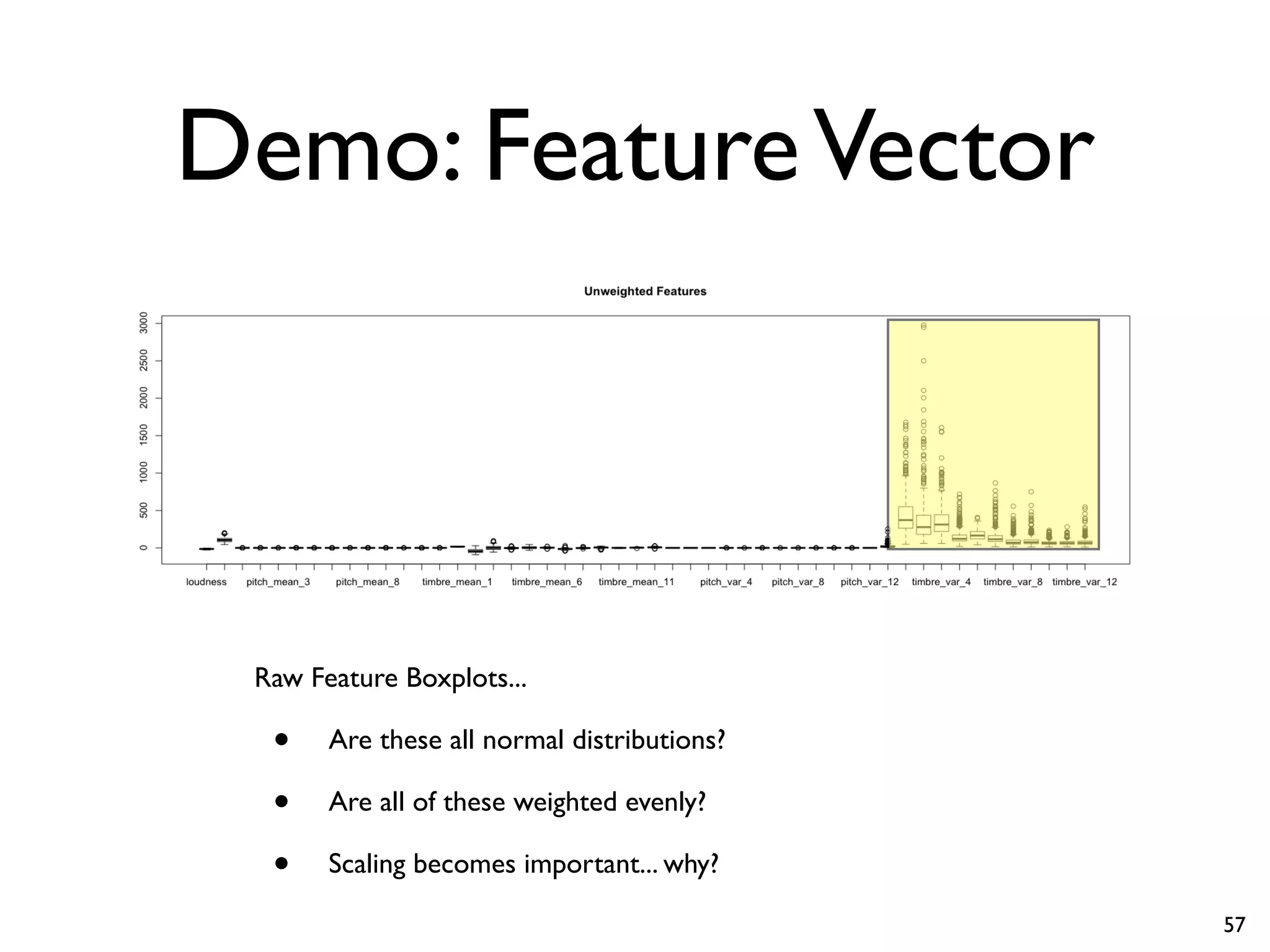 Demo: FeatureVector
Raw Feature Boxplots...
• Are these all normal distributions?
• Are all of these weighted evenly?
• Scaling becomes important... why?
57
 