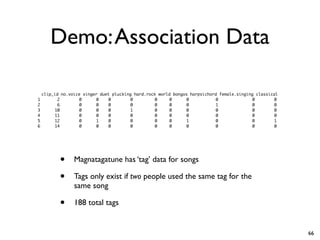 Demo:Association Data
• Magnatagatune has ‘tag’ data for songs
• Tags only exist if two people used the same tag for the
same song
• 188 total tags
clip_id no.voice singer duet plucking hard.rock world bongos harpsichord female.singing classical
1 2 0 0 0 0 0 0 0 0 0 0
2 6 0 0 0 0 0 0 0 1 0 0
3 10 0 0 0 1 0 0 0 0 0 0
4 11 0 0 0 0 0 0 0 0 0 0
5 12 0 1 0 0 0 0 1 0 0 1
6 14 0 0 0 0 0 0 0 0 0 0
66
 