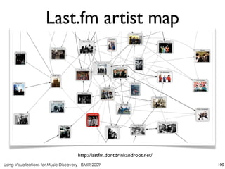 Using Visualizations for Music Discovery - ISMIR 2009
http://lastfm.dontdrinkandroot.net/
Last.fm artist map
100
 