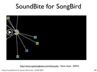 Using Visualizations for Music Discovery - ISMIR 2009
http://www.repeatingbeats.com/thesis.php - Steve Lloyd - QMUL
SoundBite for SongBird
105
 