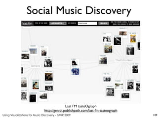 Using Visualizations for Music Discovery - ISMIR 2009
Last FM tasteOgraph
http://geniol.publishpath.com/last-fm-tasteograph
Social Music Discovery
109
 