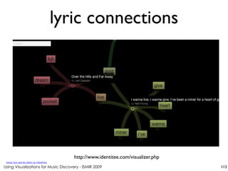 Using Visualizations for Music Discovery - ISMIR 2009
http://www.identitee.com/visualizer.php
lyric connections
113
music tees and tee shirts on i/denti/tee
 