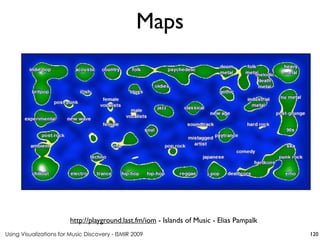 Using Visualizations for Music Discovery - ISMIR 2009
http://playground.last.fm/iom - Islands of Music - Elias Pampalk
Maps
120
 