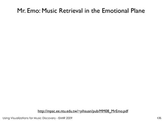 Using Visualizations for Music Discovery - ISMIR 2009
http://mpac.ee.ntu.edu.tw/~yihsuan/pub/MM08_MrEmo.pdf
Mr. Emo: Music Retrieval in the Emotional Plane
135
 