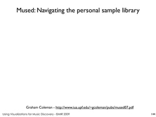 Using Visualizations for Music Discovery - ISMIR 2009
Graham Coleman - http://www.iua.upf.edu/~gcoleman/pubs/mused07.pdf
Mused: Navigating the personal sample library
144
 