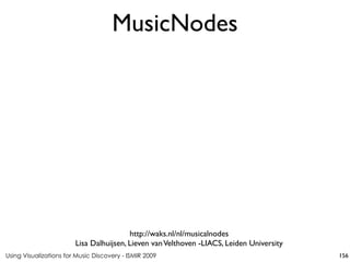 Using Visualizations for Music Discovery - ISMIR 2009
http://waks.nl/nl/musicalnodes
Lisa Dalhuijsen, Lieven vanVelthoven -LIACS, Leiden University
MusicNodes
156
 