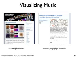 Using Visualizations for Music Discovery - ISMIR 2009
VisualizingMusic.com
Visualizing Music
166
musicviz.googlepages.com/home
 