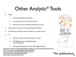 Other Analytic* Tools
• Matlab
• Dimensionality Reduction Toolbox
• (missing good network viz/analysis option)
• Extensive Interactive Pub-quality plotting environment
• Pajek (standalone NetworkVisualization/Analysis Platform)
• IVC Software Framework (research platform for analysis and viz).
• R
• Excellent network viz/analysis package “network”
• PCA/MDS (base library), ISOMap {vegan}
(no LLE,T-SNE yet)
• Pub quality plotting environments (default, ggplot2, iplots)
http://ict.ewi.tudelft.nl/~lvandermaaten/Matlab_Toolbox_for_Dimensionality_Reduction.html
http://cran.r-project.org/web/packages/network/index.html
http://cran.r-project.org/web/packages/vegan/index.html
http://vlado.fmf.uni-lj.si/pub/networks/pajek/
http://iv.slis.indiana.edu/sw/index.html
*for publications
168
 