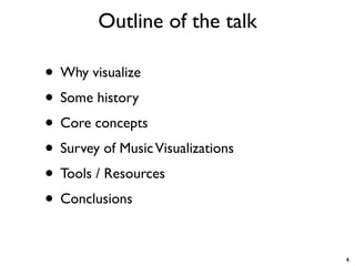Outline of the talk
• Why visualize
• Some history
• Core concepts
• Survey of MusicVisualizations
• Tools / Resources
• Conclusions
4
 