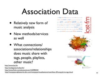 Association Data
• Relatively new form of
music analysis
• New methods/services
as well
• What connections/
associations/relationships
does music share with
tags, people, playlists,
other music?
http://manyeyes.alphaworks.ibm.com/manyeyes/visualizations/matchbox-20-song-lyrics-tag-cloud
http://sixdegrees.hu/last.fm/
http://www.flickr.com/photos/scwn/153098444/
http://www.last.fm
41
 