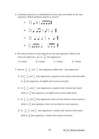 15
2
4
4
4
6
8
5. A rhythmic pattern is a combination of notes and rests based on the time
signature. Which rhythmic pattern is correct?
A.
B.
C.
D.
6. The value of notes or rests depends on the time signature. What is the
value of a half note ( ) in time signature?
A. 6 beats B. 2 beats C. 3 beats D. 4 beats
7. How do , , and time signatures differ from time signature?
A. In , , and time signatures, a quarter note receives one beat while
in time signature, an eighth note receives one beat.
B. In , , and time signatures, a quarter note receives four beats
while in time signature, an eighth note receives eight beats.
C. In , , and time signatures, there are four beats in every measure
while in time signature, there are six beats in every measure.
D. In , , and time signatures, a whole note receives three beats
while in time signature, a whole note receives six beats.
3
4
CO_Q1_Music6_Module2
 